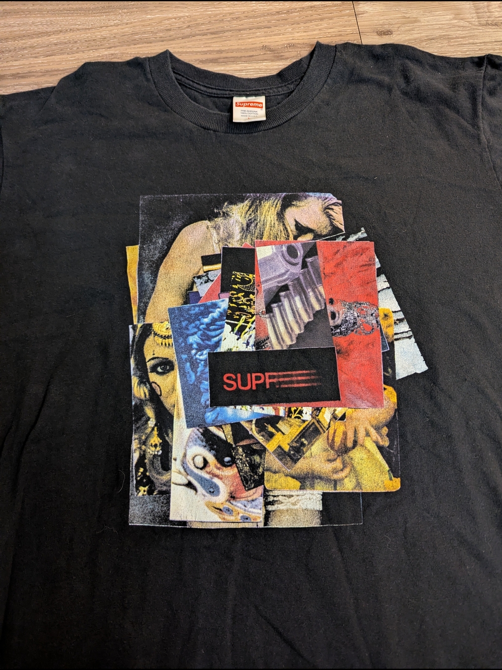 Supreme Vintage Black Multicolor Layered Collage Graphic Tee L